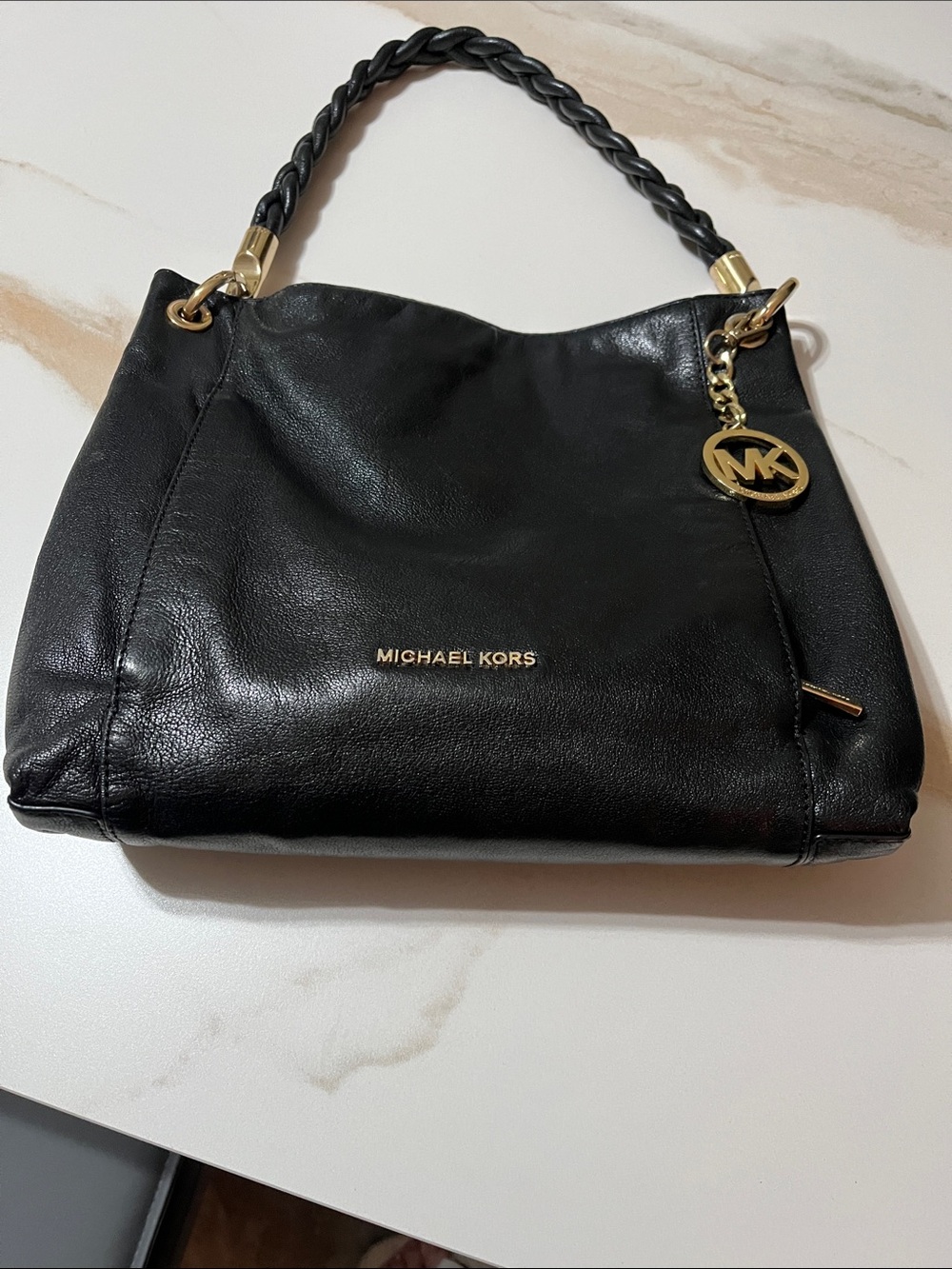 Michael Kors Black Leather Shoulder Bag with Braided Handle and Gold Hardware
